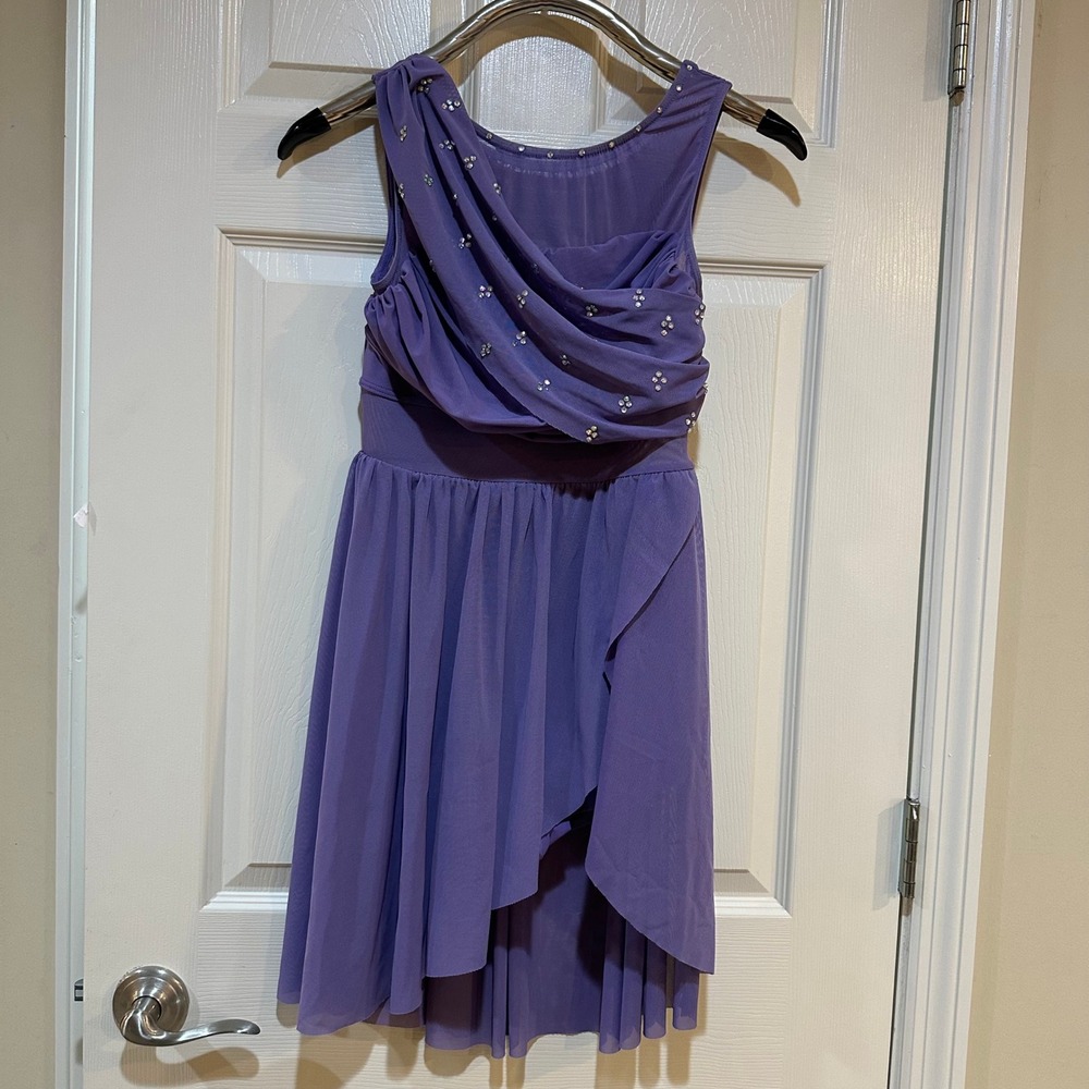 Balera Purple Lyrical Dance Costume Rhinestone Mesh High Low Dress MA D8423
